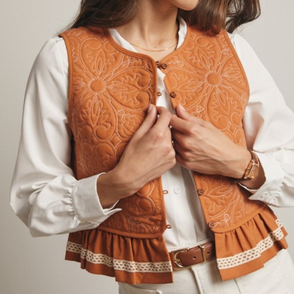 Quilted Peplum Vest with Lace Trim in Terracotta | Western Boho - Picture 1 of 15